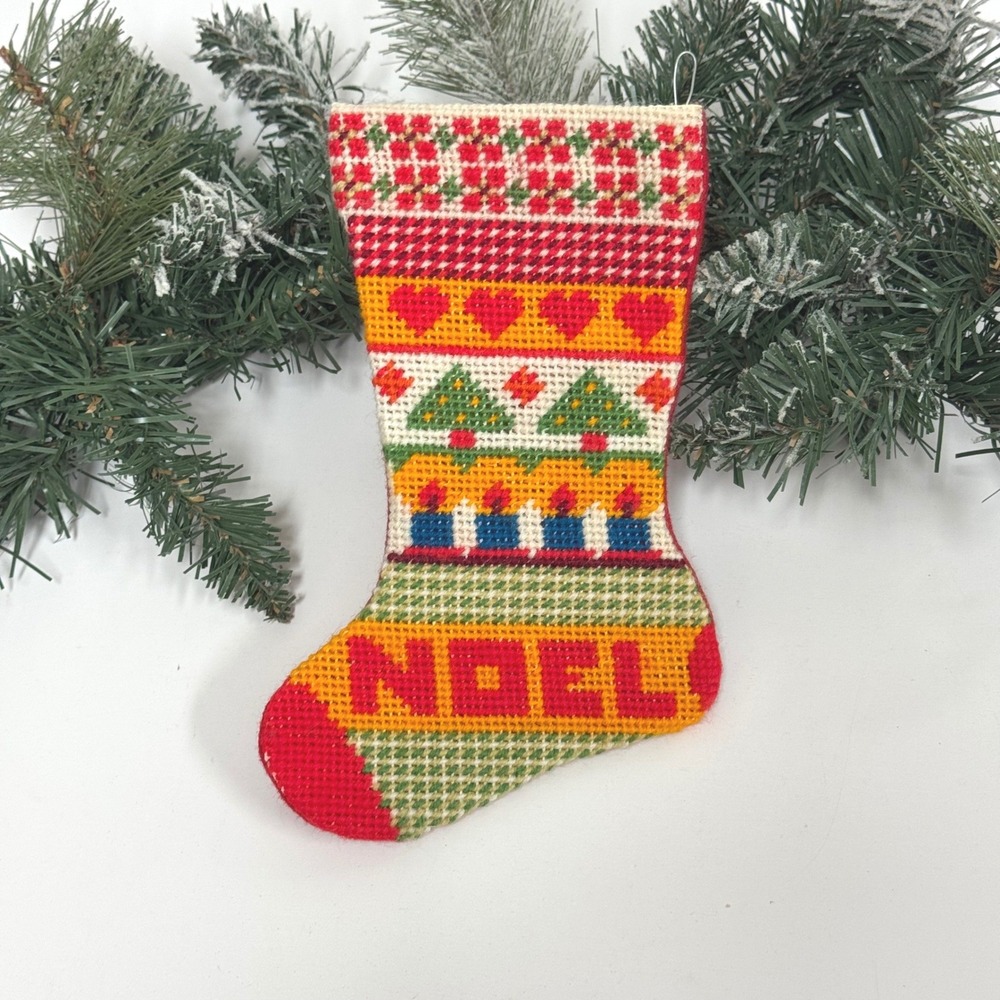 Vintage Needlepoint Christmas Stocking Noel Trees Hearts Red Felt 9 Inch